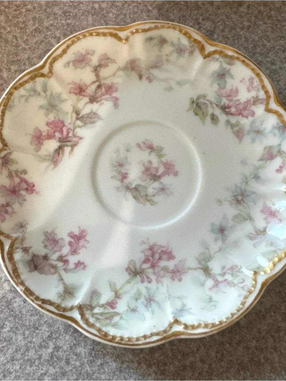 Haviland Pink Floral Scalloped Porcelain Saucer with Gold Trim